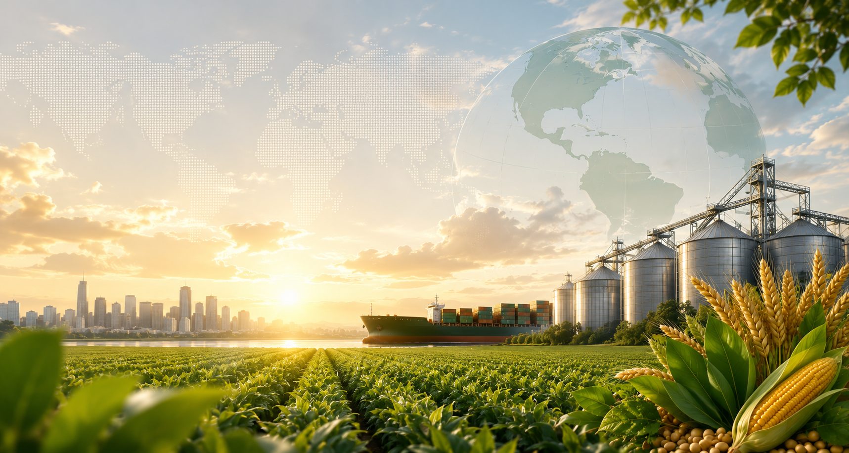 Green crop fields with grain silos, an export ship, and a translucent globe at sunrise