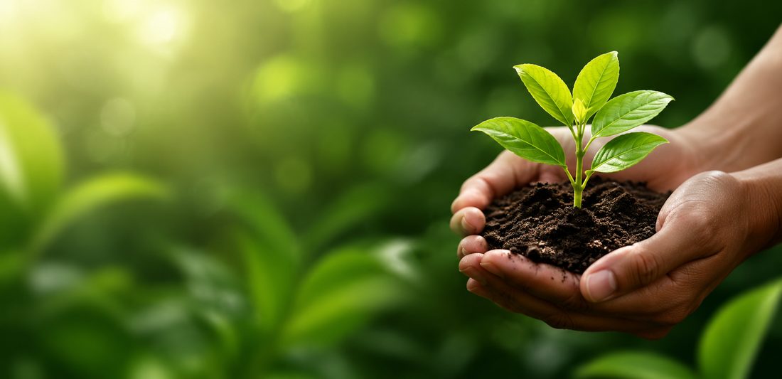 Hands holding soil with a growing seedling